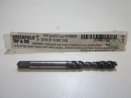 Greenfield 19149 HSS 8-32 NC Spiral Flute 3 FL H3 Bottom Chamfer Tap USA NEW