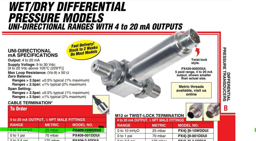 OMEGA PX409-10WDDUI Pressure Sensor Differential, 30 VDC, 1/4" - 18 NPT [B5S3]