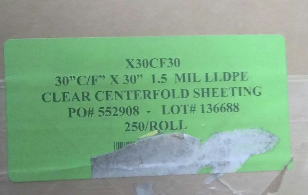 NEW CLEAR CENTERFOLD SHEETING 30"C/F X 30" 1.5 MIL LLDPE 250/ROLL X30CF30