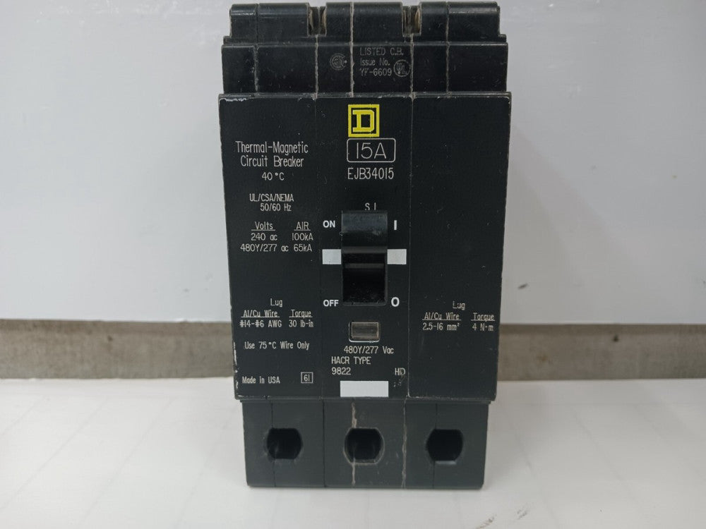 Square D 15 Amp Bolt-On Circuit Breaker 3 Pole 480Y/277 VAC 65kA EJB34015