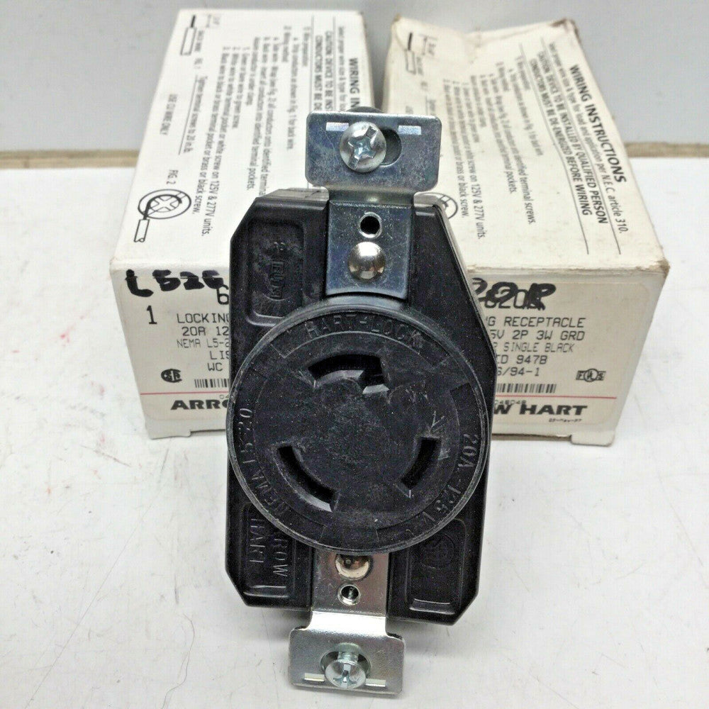 ARROW HART 6200 LOCKING ELECTRICAL RECEPTACLE 20A 125V L5-20R (2 PACK) 2P 3W