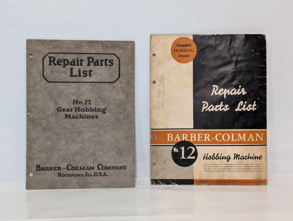 Barber Colman No. 12 Gear Hobbing Machine Repair Parts List, bound, as shown
