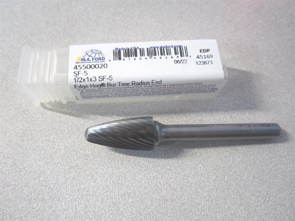 M.A. Ford (45500020) 1/2" x 1" x 3" OAL Ball Nose Tree Single Cut Abrasive Bur