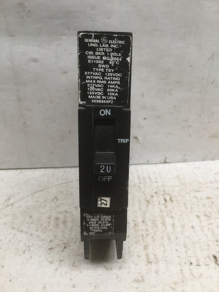 GE Type TEY TEY120 20 AMP Circuit Breaker 277VAC 125 VDC