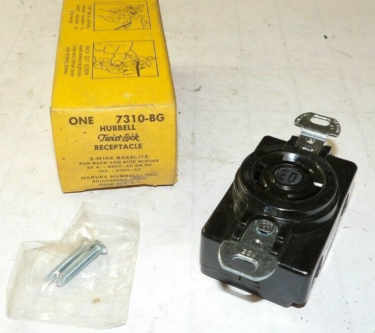 NEW HUBBELL 20 AMP 3 WIRE BAKELITE TWIST-LOCK RECEPTACLE 250 V AC/ DC 7310-BG