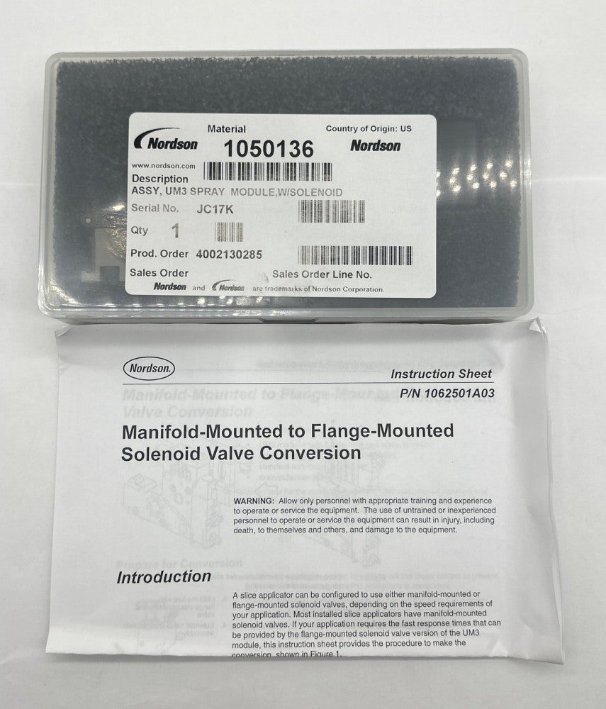 Nordson 1050136 Hot Melt UM3 Spray Module W/Solenoid Valve 