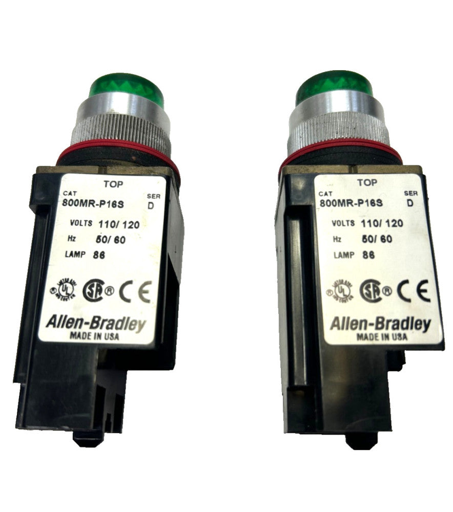 ALLEN BRADLEY SMALL ROUND PILOT LIGHT 800MR-P16S SER D GREEN LOT OF 2