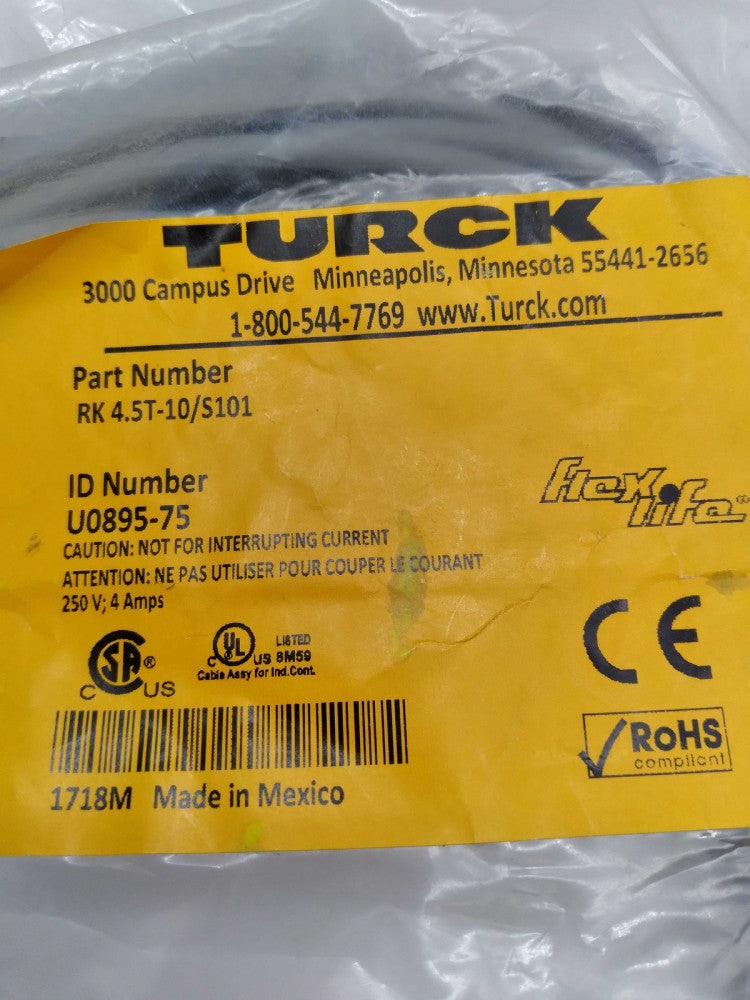 NEW TURCK RK 4.5T-10/S101 TURCK M12 EUROFAST STRAIGHT FEMALE CONNECTOR U0895-75 