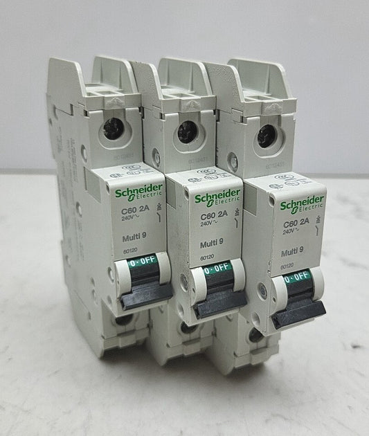 3 Pack Schneider Electric 60120 2 Amp Circuit Breaker DIN Rail 120/240 Vac Used