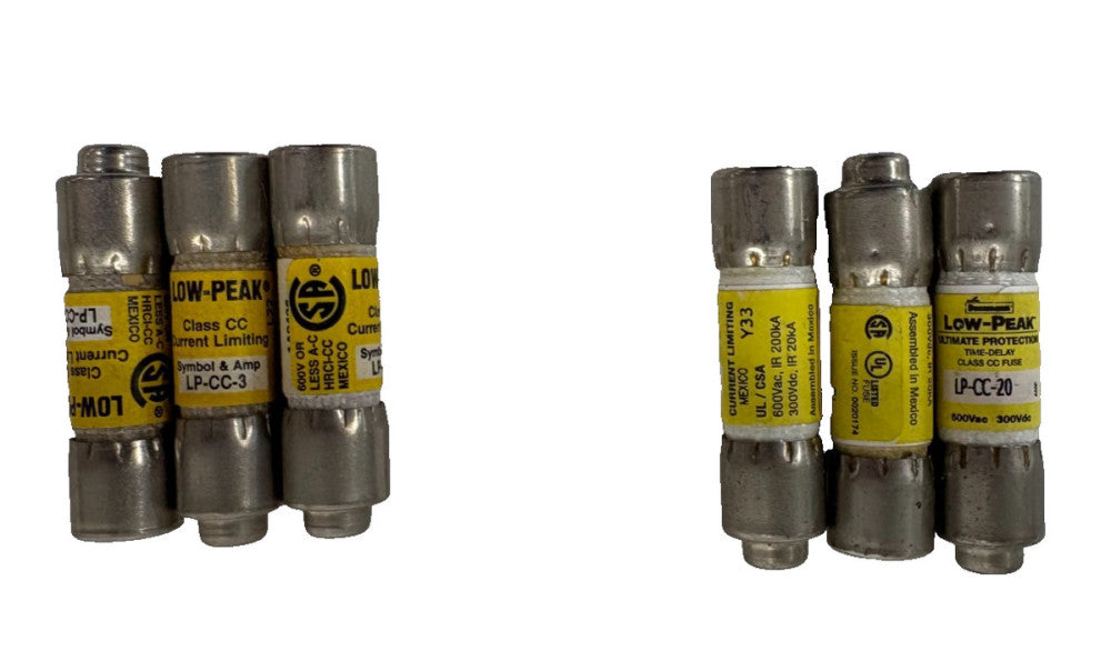 LOW PEAK, ASSORTMENT OF TIME DELAY FUSES, 3AMP & 20AMP, LOT OF 6