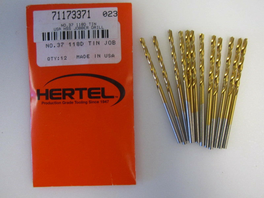 High Speed Steel Jobber Drill #37 118 Degree Point Angle, TiN Coated, RH, 12Pk