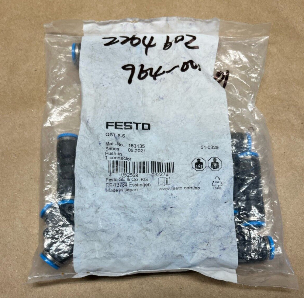 Bag of 10 FESTO QST-8-6 153135 Push-In T-Connector