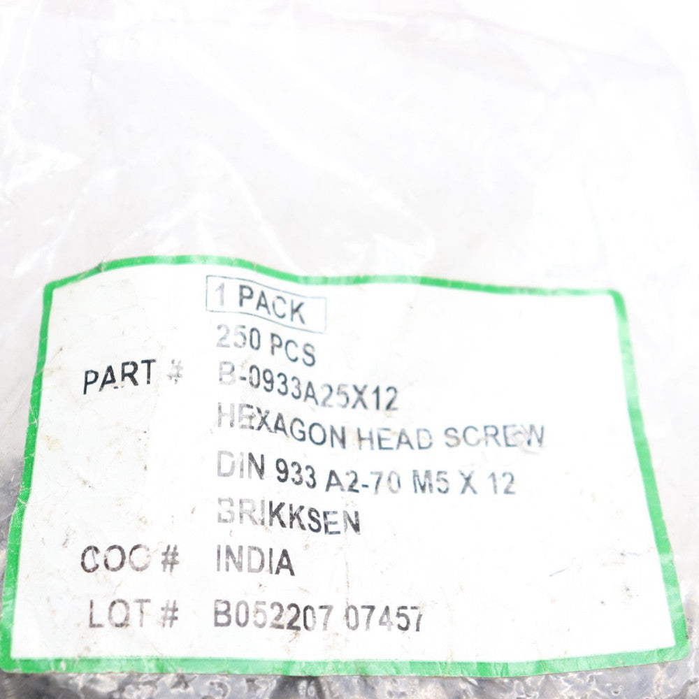 (250-Pk) Hex Head Screws DIN 933 A2-70 M5 X 12mm B-0933A25X12