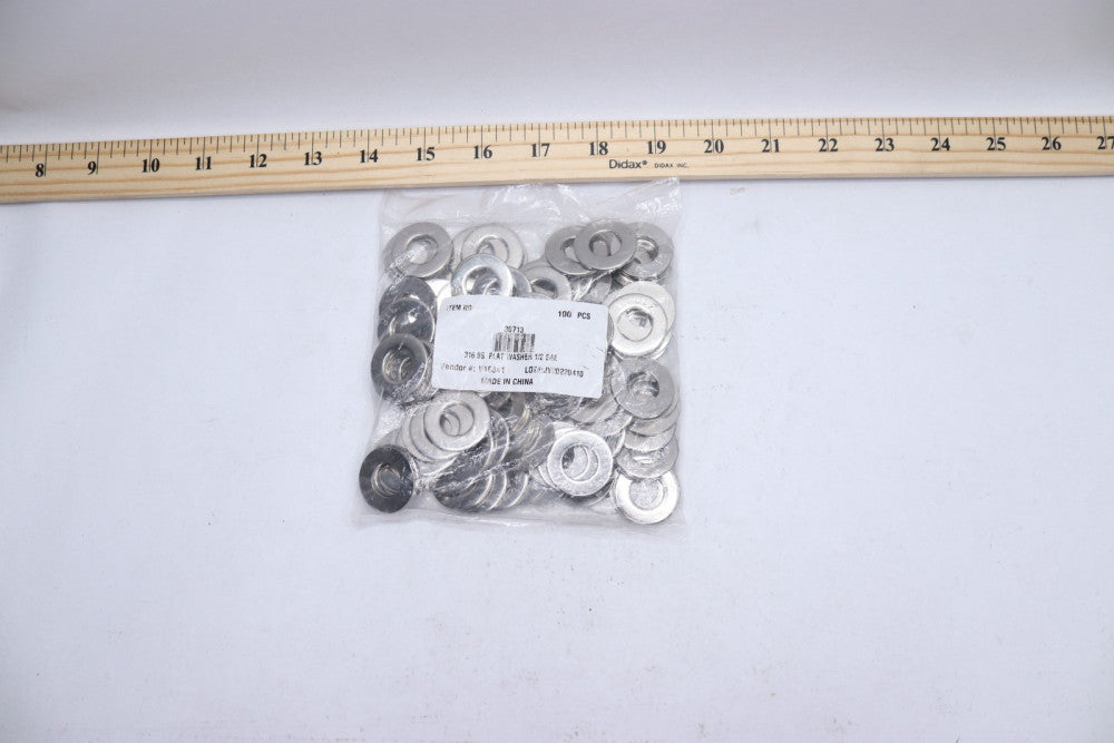 (100-Pk) Flat Washer 316 Stainless Steel 1/2" Hole Size 17/32" ID 11/2" OD 0.06