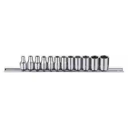 Westward 53Pn29 1/4" Drive Socket Set, Metric, 12Pcs, Skt St, Chrm, 22-32 Mm,
