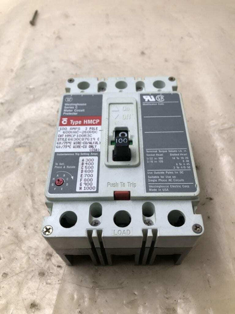 Westinghouse HMCP100R3C 100 A Circuit Breaker 600 Vac 3 Pole Molded Case