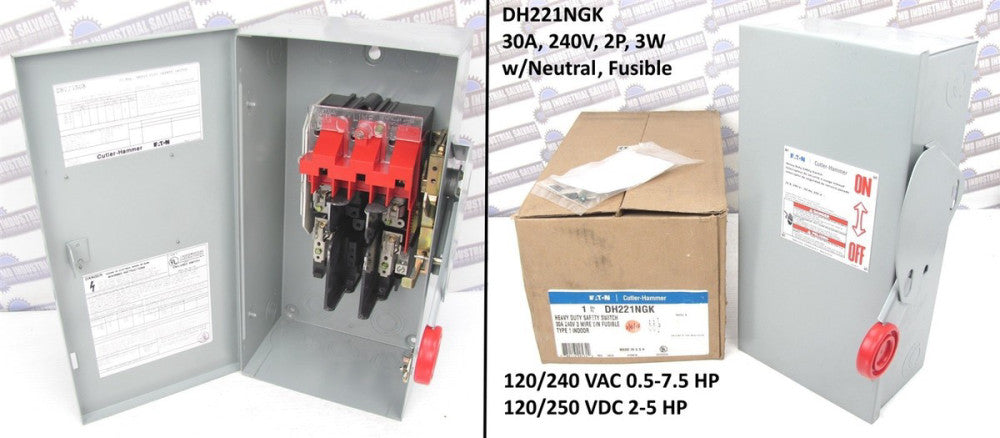 EATON - DH221NGK - FUSIBLE SAFETY SWITCH w/NEUTRAL - Max 24V 30A 7.5HP 3W 2P