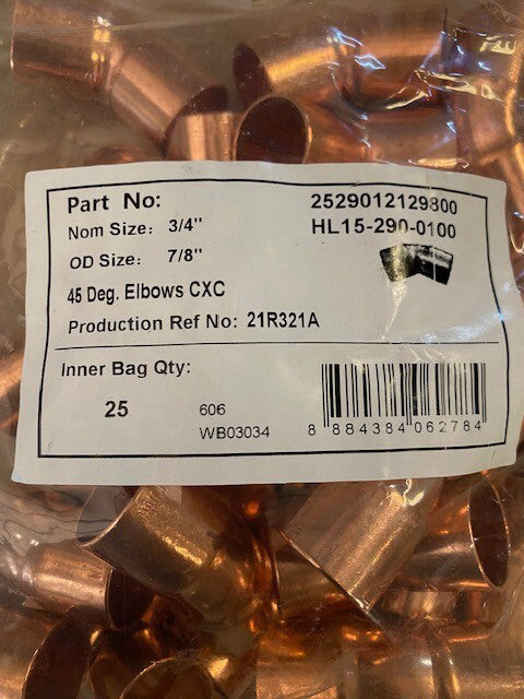 (25 PACK) 3/4" JMF Copper 45° Elbow 2529012129800 6F11 HL15-290-0100