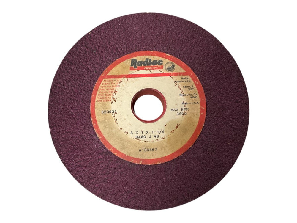 RADIAC Grinding Wheel, 8 X 1 X 1-1/4, A139467, 623931, RA60 J V8, MAX RPM 36RPM