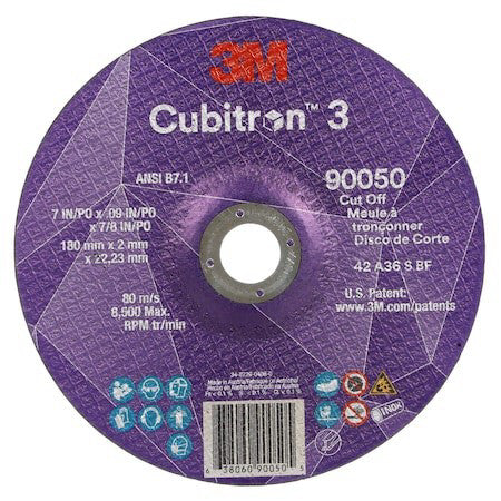 3M Cubitron 90050 Cut-Off Wheel, Type 27, 7 In Dia, 0.09 In Thick, 7/8 In Arbor