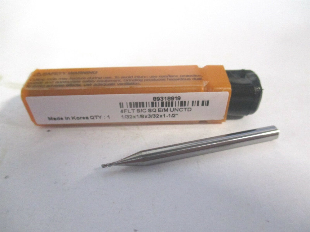 (750150) 1/32" x 3/32" x 1/8" x 1-1/2" OAL Solid Carbide 4 Flute Square End Mill