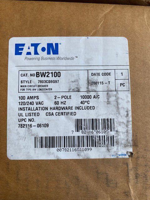 Eaton Cutler Hammer BW2100,2 Pole 100 Amp Type BW Circuit Breaker 10K 120/240VAC
