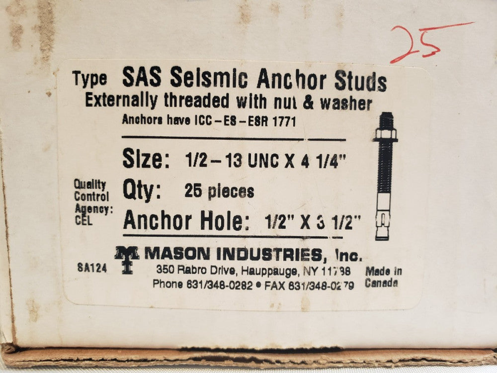 SAS Seismic Anchor Stud w Nut & Washer 1/2 - 13 UNC x 4 1/4" Box of 25