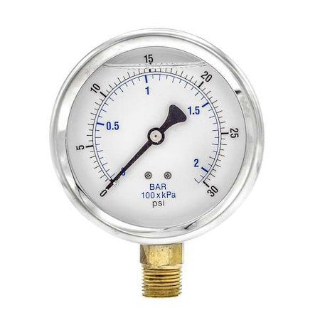 Pic Gauges 201L-402C Industrial Pressure Gauge, 0 To 30 Psi, 4 In Dial, 1/2 In