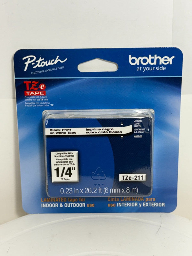Brother P-Touch Labeler TZe Tape TZe-211 Black Print on White Tape 1/4" 6mm