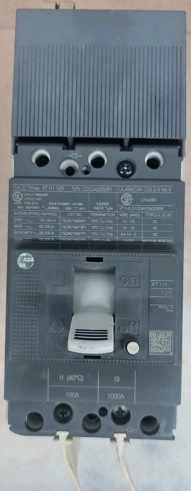 ABB NTO CIRCUIT BREAKER XT1HU3100AYD000XXX 1SDA074706R1 I-LINE 100A 600Y/347V 3P