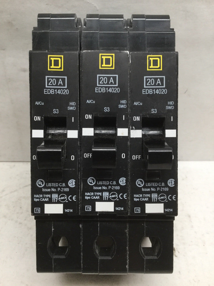 Square D EDB14020 20 AMP Circuit Breaker Single Pole 277V (Lot of 3)