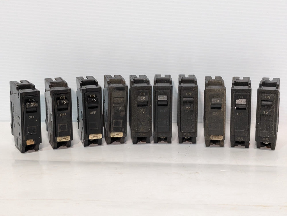 Lot of 10: GE, Assorted Electrical Circuit Breakers 15A/20A Single Pole, CU-AL