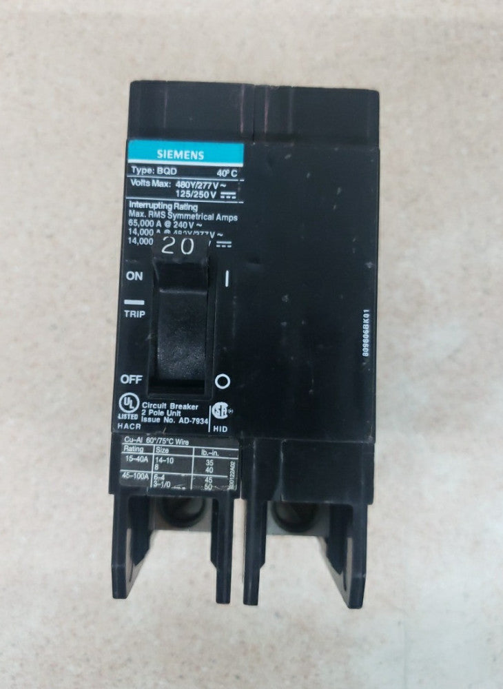 Siemens BQD220 Circuit Breaker 20A 2P 480Y/277V 1PH BQD 20 Amp 2 Pole NTO