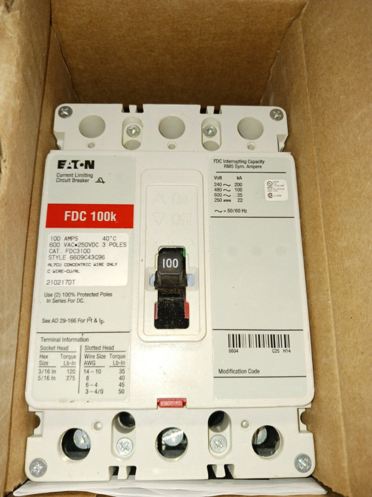 NEW EATON FDC3100 CIRCUIT BREAKER 100 AMP 3 POLE 600 VAC 100kA @ 480 VAC