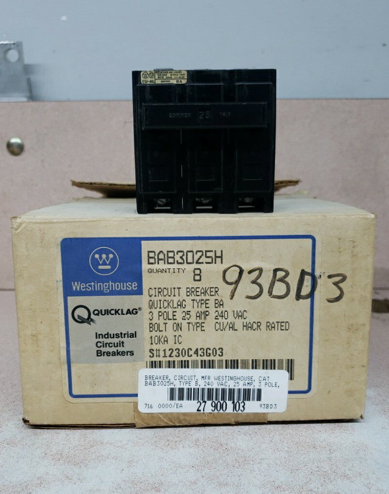 1) New old stock Westinghouse Bolt-On Circuit Breaker BAB3025H 25A 240V 3P B# 