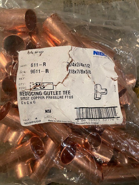 (25 PACK) Nibco 9098550 Copper Reducing Tee 3/4 x 3/4 x 1/2 Inch 611-R