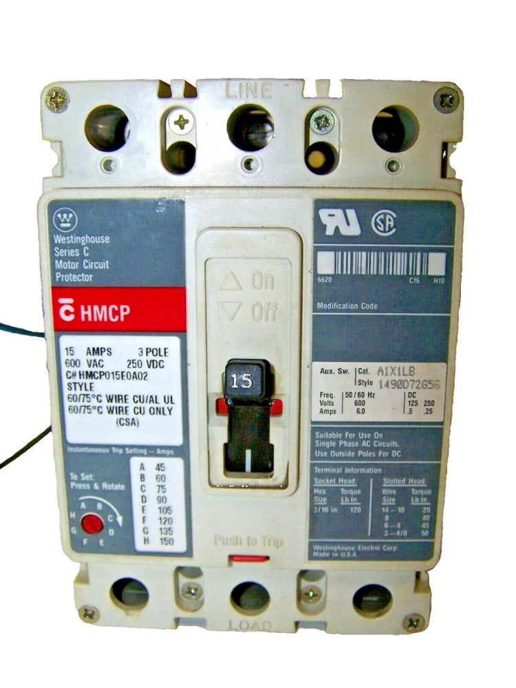 WESTINGHOUSE 15 AMP MOTOR CIRCUIT PROTECTOR WITH AUXILIARY 600V 3P  HMCP015E0A02
