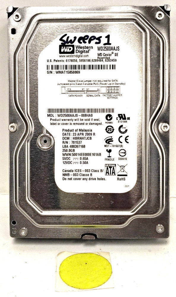 WESTERN DIGITAL HARD DISK DRIVE 250GB 5VDC-0.65A/ 12VDC-0.50A WD2500AAJS