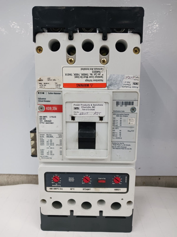 EATON 400 AMP CIRCUIT BREAKER 3 POLE 600 VAC KDB3400W W/ 400 AMP TRIP & AXILLARY