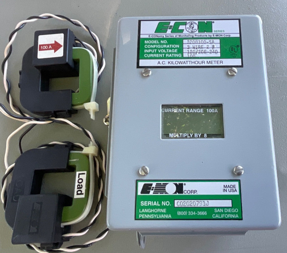 E-CON 3208100-SA AC KWH 100A 3 WIRE 2 PH AC KILOWATTHOUR METER + 2 LEADS E-MON