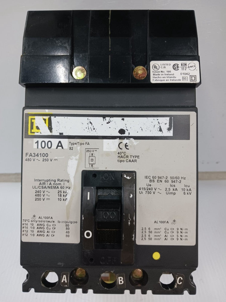 Square D 100 Amp I-Line Circuit Breaker 3 Pole 480 VAC / 250 VDC FA34100 *Gray*