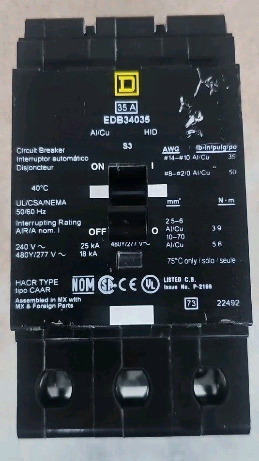 SQUARE D NTO EDB34035 EDB 3 POLE 35AMP 480v CIRCUIT BREAKER NT