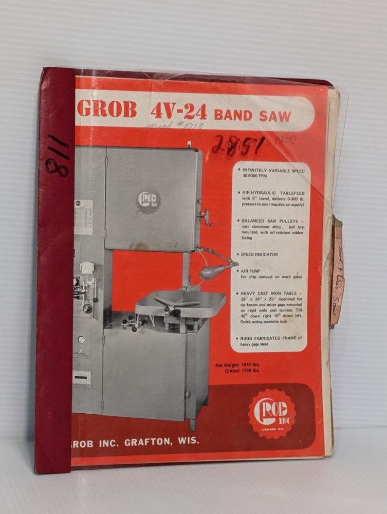Vintage Grob Inc 4V-24 Vertical Metal Band Saw Parts & Operation Manual #85