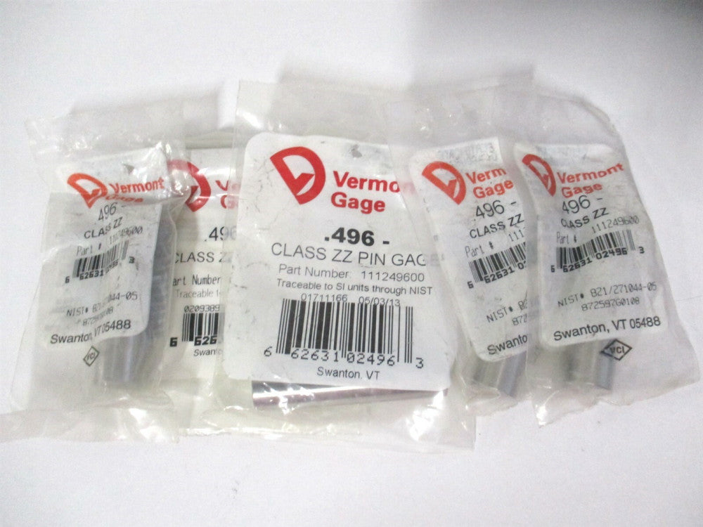 Vermont Gage (111279600) 0.496" Diam Class ZZ Minus Plug & Pin Gage - Lot of 5