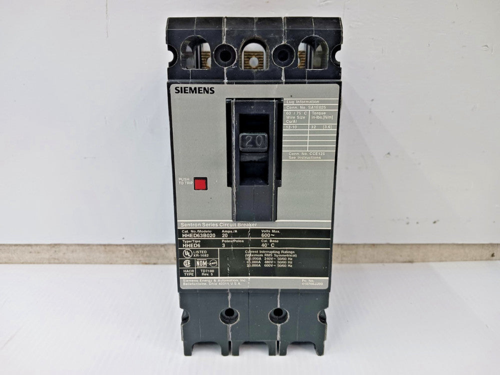 Siemens Sentron 20 Amp Circuit Breaker 3 Pole 600 VAC 65kA HHED63B020
