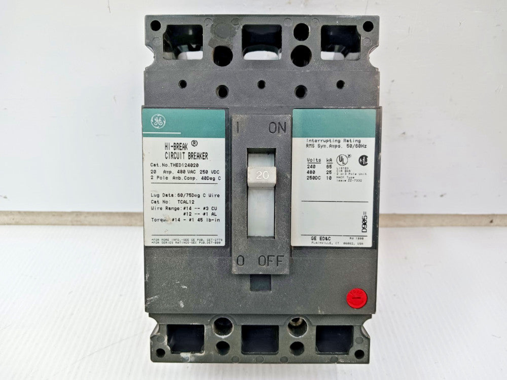 GE 20 Amp Hi-Break Circuit Breaker 2 Pole 480 VAC / 250 VDC 25kA THED124020