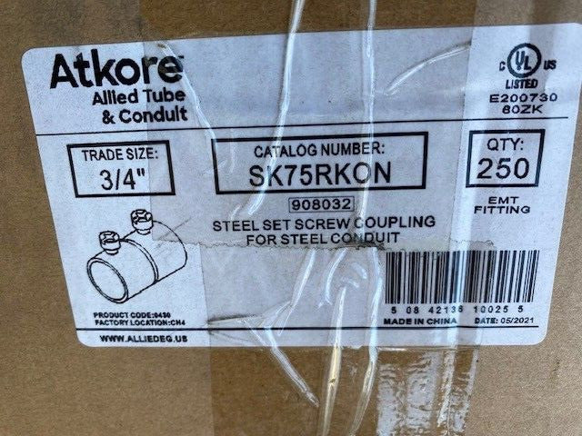 (CASE OF 250) Konkore SK75RKON 3/4" Emt Set Screw Coupling