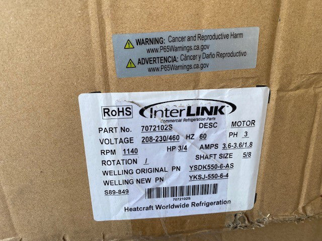 Heatcraft / Interlink 7072102S 230/460/3 1140RPM 3/4hp / YSDK550-6-AS (NEW)