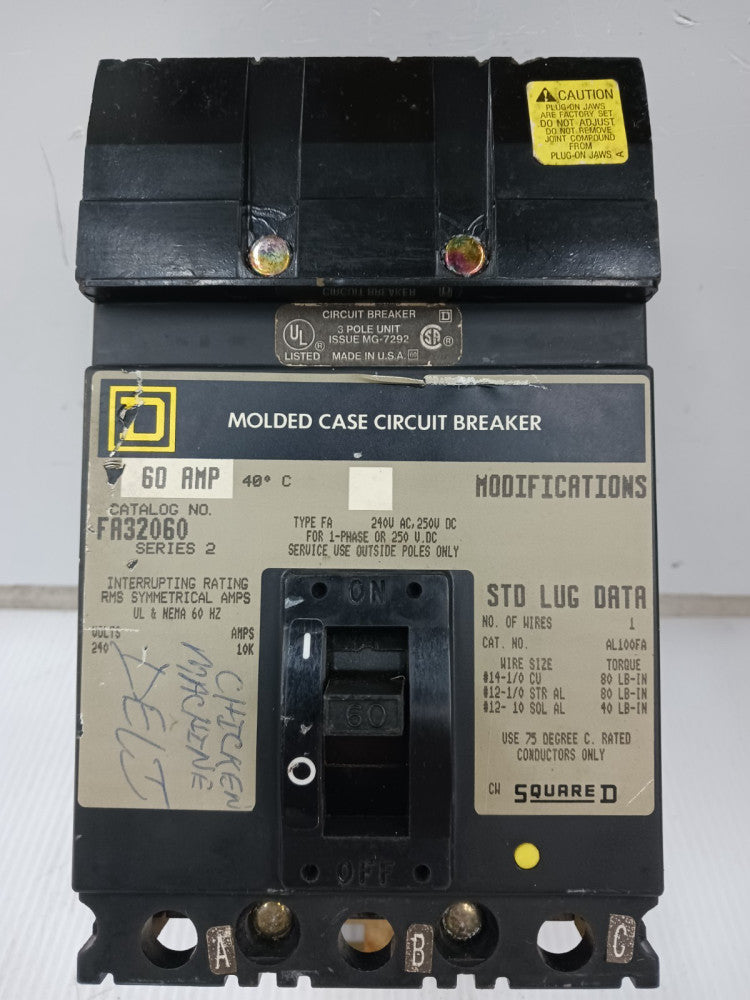 Square D 60 Amp I-Line Molded Case Circuit Breaker 3 Pole 240 VAC FA32060 *Flaw*