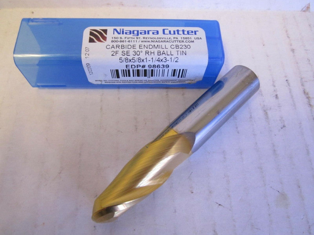 Niagara (98639) 5/8 x 5/8 x 1-1/4 x 3-1/2" Ball End Carbide TiN 2-Flute Endmill 